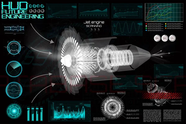 Jet engine of airplane in HUD style.  Set elements — Stock Vector