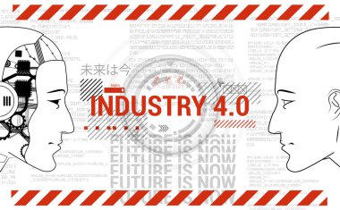 Sanayi 4.0 konsept pankartı. Robot ve insan