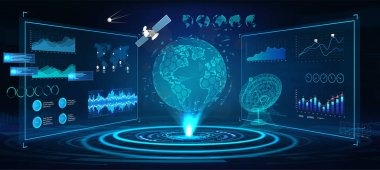 Gelecekçi Dünya hologramı ve Hud arayüz panelleri