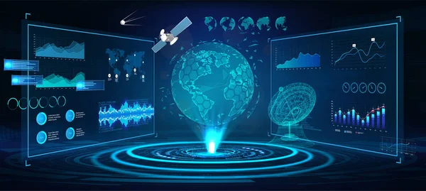 Gelecekçi Dünya hologramı ve Hud arayüz panelleri