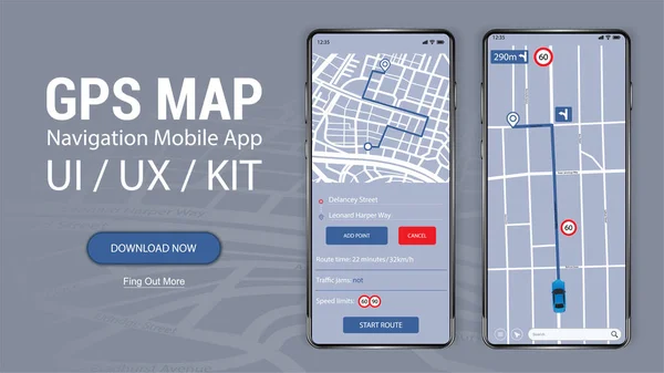 Mapa de navegação GPS. UI, UX, KIT Mobile App —  Vetores de Stock