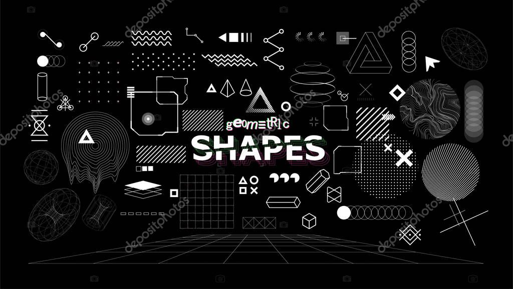 Stylish geometric shapes. Neo memphis design elements for t-shirt and merch print. Abstract collection elements of different shapes and types. Vaporwave style, universal geometric pattern. Vector