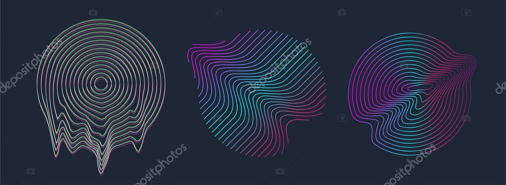 Circle design shape with glitch and liquid set. Illuminated holographic in 80s-90s. Retrofuturism shapes Vaporwave, synthwave. Trendy design elements for t-shirt and merch. Vector illustration
