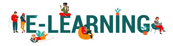 Diseño de banner web para E-learning, ilustración de escuela de internet — Archivo Imágenes Vectoriales