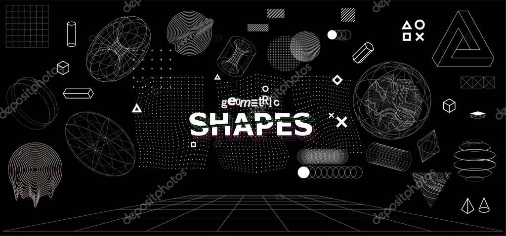 Modern universal trandy geometric shapes and 3D and other elements. Digital abstract set for you design. Cyberpunk, vaporwave in memphis and glitched style. Vector