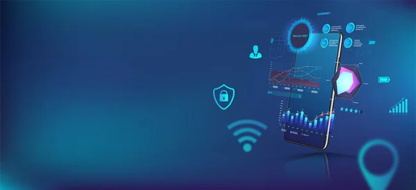 Aplicativo móvel com gráficos de negócios, diagramas — Vetor de Stock