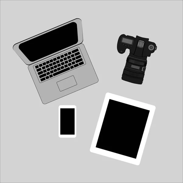 White Office Photography Desk Table Laptop Tablet Camera Top View — Stock Vector