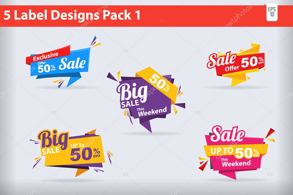 5 Sale Label Designs Banners, Stickers pack 1 Vector Illustration
