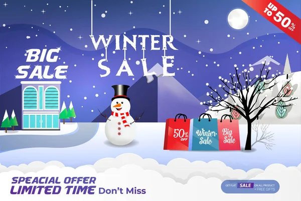 Realistic Winter Sale Banner Template Shopping Bag Santa Claus — Stock Vector
