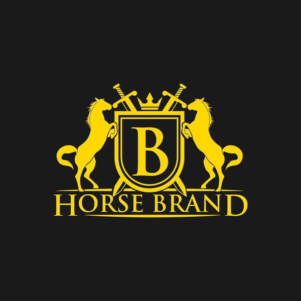 初始字母 马品牌标志设计载体 复古的金色波峰与盾牌和马匹 纹章徽标模板 奢华的设计理念 可用作徽标 标志或横幅 — 图库矢量图片