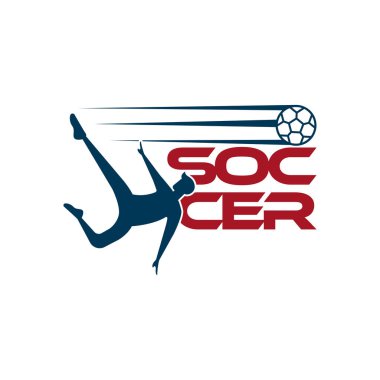 Futbol metniyle Sport Vector illüstrasyonu ve aşağıdaki futbolcuyla. Futbol logosu, simgesi, mobil, web sitesi tasarım şablonu beyaz arkaplan üzerinde izole.