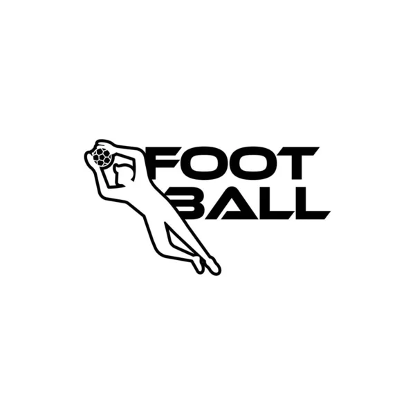 Εικονογράφηση φορέα ποδοσφαίρου. Λογότυπο του αθλητισμού με κείμενο ποδοσφαίρου και ποδοσφαιριστής φιγούρα απομονωμένη σε λευκό φόντο. — Διανυσματικό Αρχείο