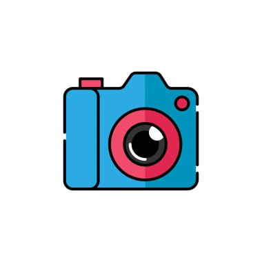 Kamera Simgesi Logo Vektörü İllüstrasyonu. Fotoğraf Kamerası ikon tasarım vektör şablonu. Web sitesi, sembol, logo, simge, işaret, uygulama, UI için moda kamera simgesi düz tasarım vektörü.