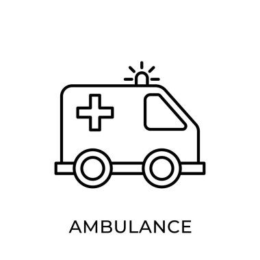 Ambulans simgesi vektör illüstrasyonu. Ambulans vektör şablonu. Ambulans simgesi tasarımı beyaz arkaplanda izole edildi. Web sitesi, logo, işaret, sembol, uygulama, UI için ambülans vektör simgesi düz tasarımı.
