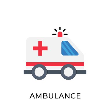 Ambulans simgesi vektör illüstrasyonu. Ambulans vektör şablonu. Ambulans simgesi tasarımı beyaz arkaplanda izole edildi. Web sitesi, logo, işaret, sembol, uygulama, UI için ambülans vektör simgesi düz tasarımı.