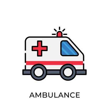 Ambulans simgesi vektör illüstrasyonu. Ambulans vektör şablonu. Ambulans simgesi tasarımı beyaz arkaplanda izole edildi. Web sitesi, logo, işaret, sembol, uygulama, UI için ambülans vektör simgesi düz tasarımı.