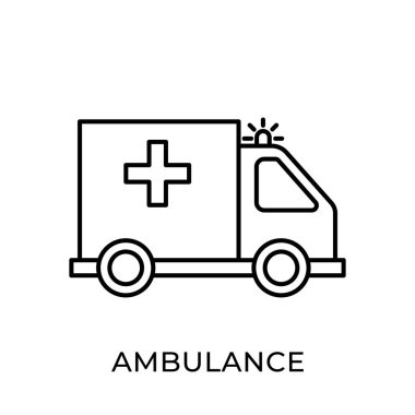 Ambulans simgesi vektör illüstrasyonu. Ambulans vektör şablonu. Ambulans simgesi tasarımı beyaz arkaplanda izole edildi. Web sitesi, logo, işaret, sembol, uygulama, UI için ambülans vektör simgesi düz tasarımı.