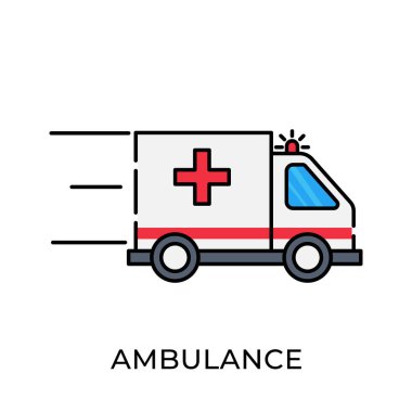 Ambulans simgesi vektör illüstrasyonu. Ambulans vektör şablonu. Ambulans simgesi tasarımı beyaz arkaplanda izole edildi. Web sitesi, logo, işaret, sembol, uygulama, UI için ambülans vektör simgesi düz tasarımı.