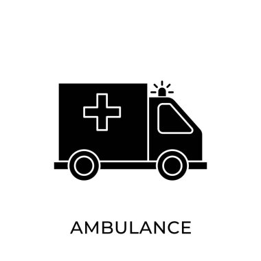 Ambulans simgesi vektör illüstrasyonu. Ambulans vektör şablonu. Ambulans simgesi tasarımı beyaz arkaplanda izole edildi. Web sitesi, logo, işaret, sembol, uygulama, UI için ambülans vektör simgesi düz tasarımı.