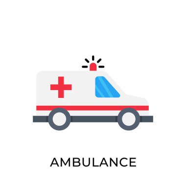 Ambulans simgesi vektör illüstrasyonu. Ambulans vektör şablonu. Ambulans simgesi tasarımı beyaz arkaplanda izole edildi. Web sitesi, logo, işaret, sembol, uygulama, UI için ambülans vektör simgesi düz tasarımı.