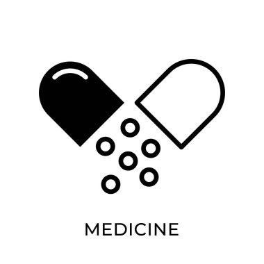 İlaç ikonu vektör illüstrasyonu. Tıbbi vektör çizimi şablonu. Tıp simgesi tasarımı beyaz arkaplanda izole edildi. Web sitesi, logo, işaret, sembol, uygulama, UI için tıp vektörü simgesi düz tasarımı.