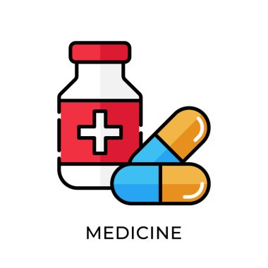 İlaç ikonu vektör illüstrasyonu. Tıbbi vektör çizimi şablonu. Tıp simgesi tasarımı beyaz arkaplanda izole edildi. Web sitesi, logo, işaret, sembol, uygulama, UI için tıp vektörü simgesi düz tasarımı.