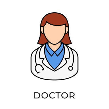 Doktor ikon vektör illüstrasyonu. Tıbbi Doktor vektör çizimi şablonu. Doktor simgesi tasarımı beyaz arkaplanda izole edildi. Web sitesi, logo, işaret, sembol, uygulama, UI için Doktor vektör simgesi düz tasarımı.