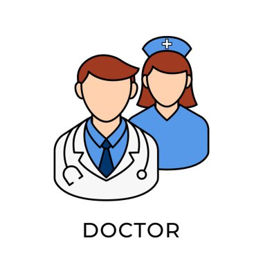 Doktor ikon vektör illüstrasyonu. Tıbbi Doktor vektör çizimi şablonu. Doktor simgesi tasarımı beyaz arkaplanda izole edildi. Web sitesi, logo, işaret, sembol, uygulama, UI için Doktor vektör simgesi düz tasarımı.