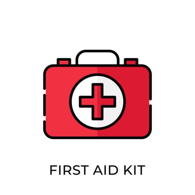 İlk Yardım Kiti ikon vektör illüstrasyonu. Tıbbi ilk yardım seti vektör çizim şablonu. Web sitesi, logo, işaret, sembol, uygulama, UI için ilk Yardım Kit vektör simgesi düz tasarım.