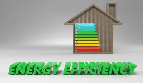 3D rendering energy rating chart in a wooden house on white background. Energy efficiency