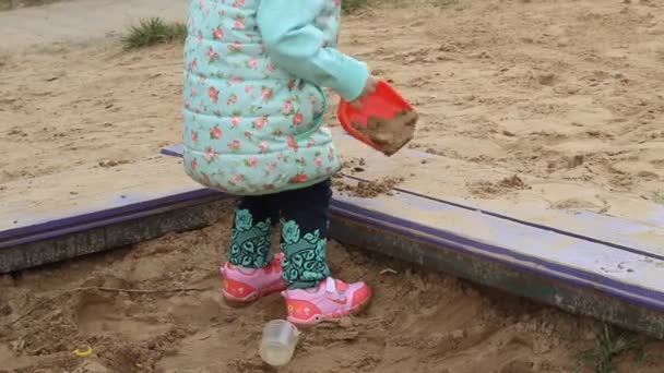 Маленькая Девочка Играет Лопатой Песочнице — стоковое видео