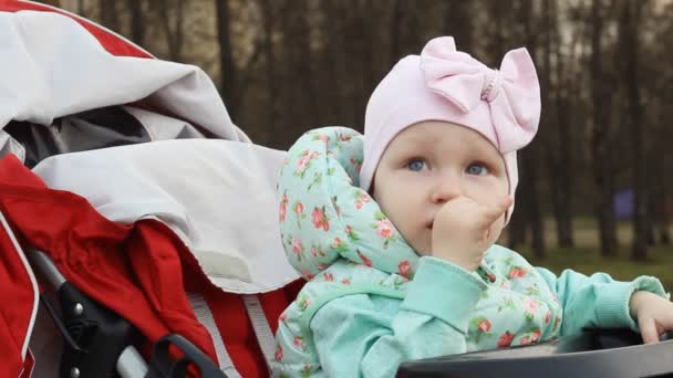 Bebek arabası içinde oturan ve croaking küçük kız — Stok video