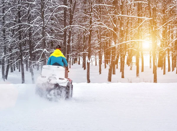 Um homem monta um ATV no inverno na floresta, o sol, fundo, espaço de cópia — Fotografia de Stock