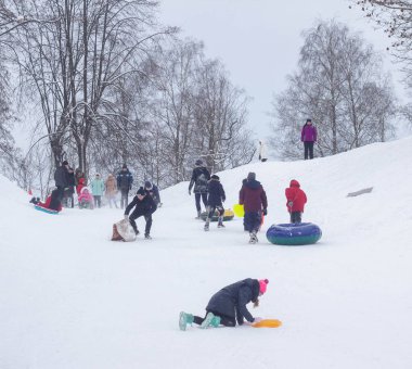 Birçok insan kışın karda bir kızağa biner, çocuklar ve yetişkinler. Bobruisk, Belarus - 03.01.19