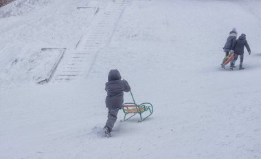 Çocuklar bir kar dağında kızağa biniyor, kışın tepeden kayıyor, arka planda