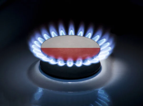 Burning gas burner of a home stove in the middle of which is the flag of the country of Poland. Gas import and export delivery concept, price per cubic meter, transit, background