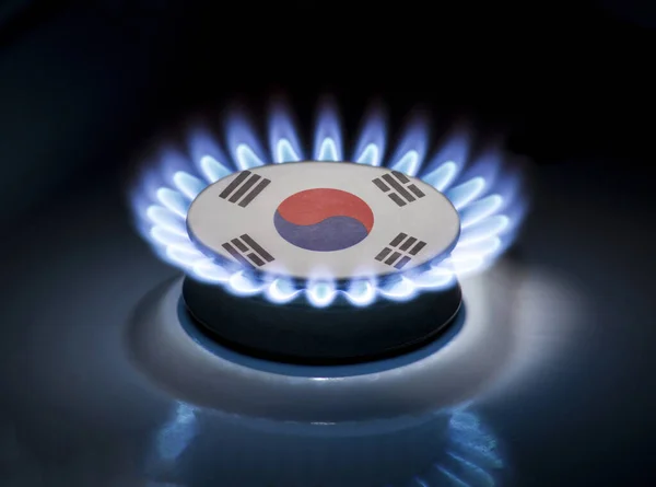 Burning gas burner of a home stove in the middle of which is the flag of the country of South Korea. Gas import and export delivery concept, price per cubic meter, transit, background, gasoline