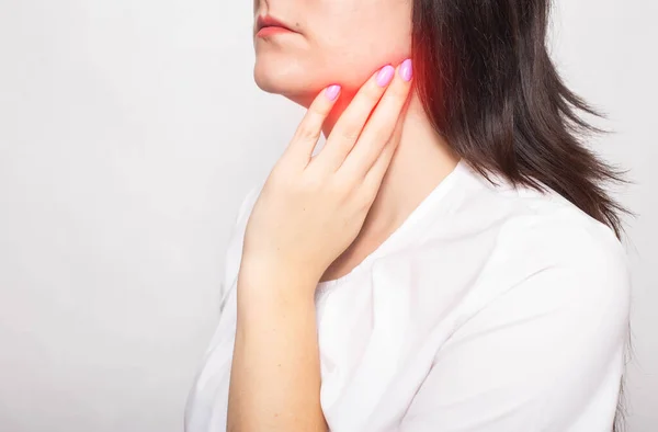 Girl Clings Inflamed Salivary Gland Which Pain Concept Salivary Gland — Stock Photo, Image