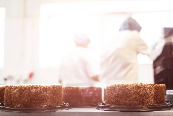 Μαζική παραγωγή κέικ και γλυκών στο εργοστάσιο ζαχαροπλαστικής. Σεφ κάνει κέικ από φρέσκα μούρα και μπισκότα, βιομηχανία τροφίμων, αντίγραφο χώρο — Φωτογραφία Αρχείου