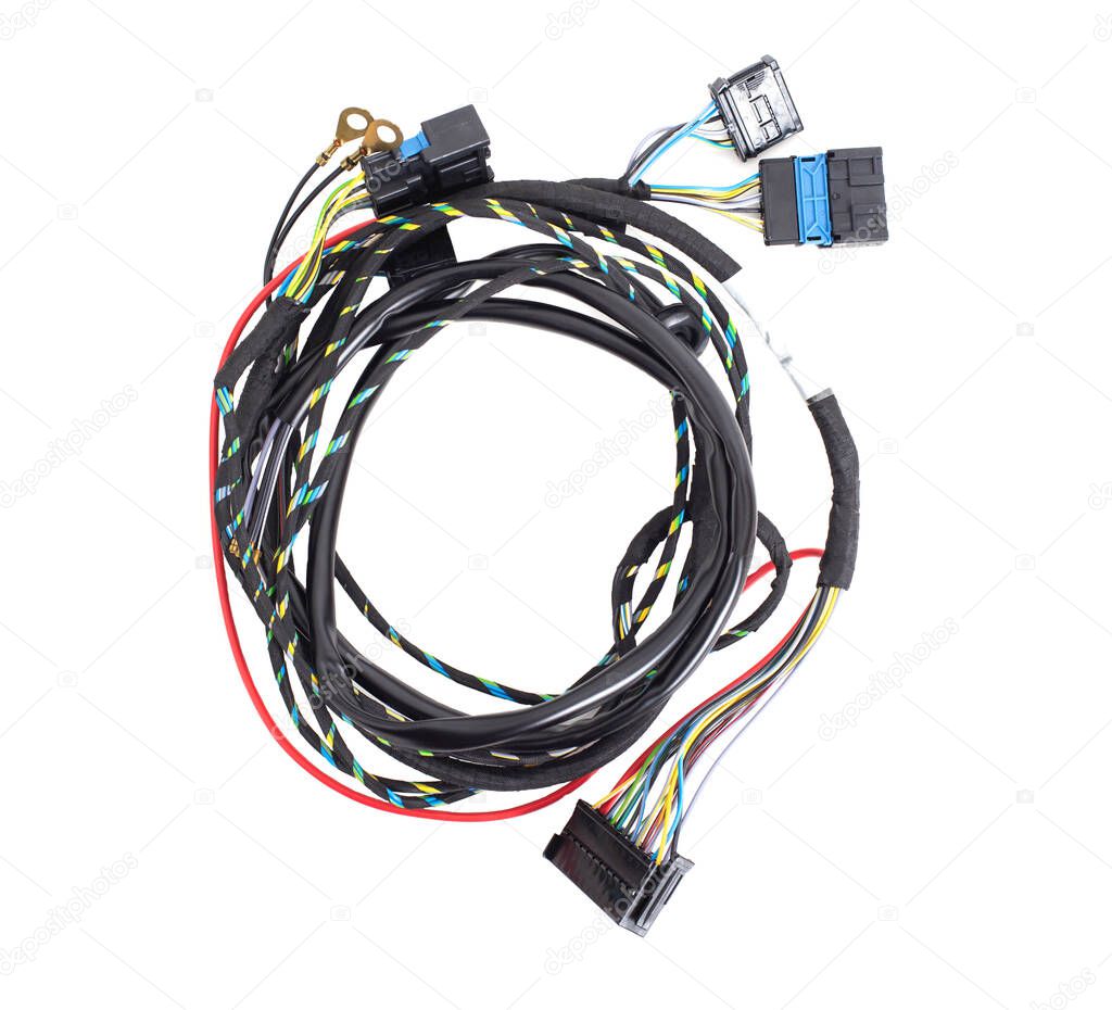 Car wiring with adapters and connectors on a white background, isolate, electrical contacts