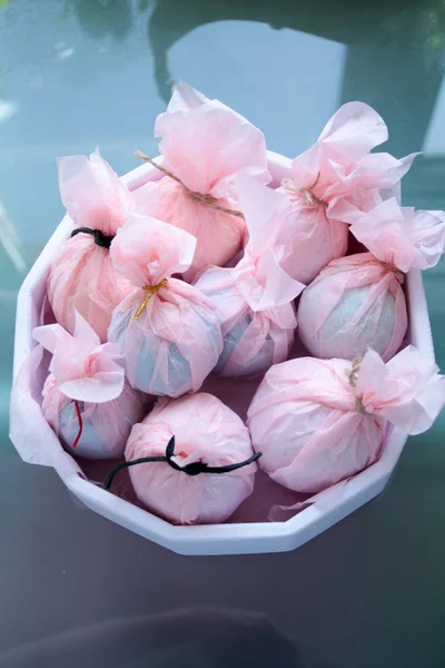 Colored bath bombs close up