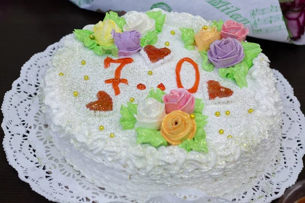 70Th Birthday White Cake — Stock Photo, Image