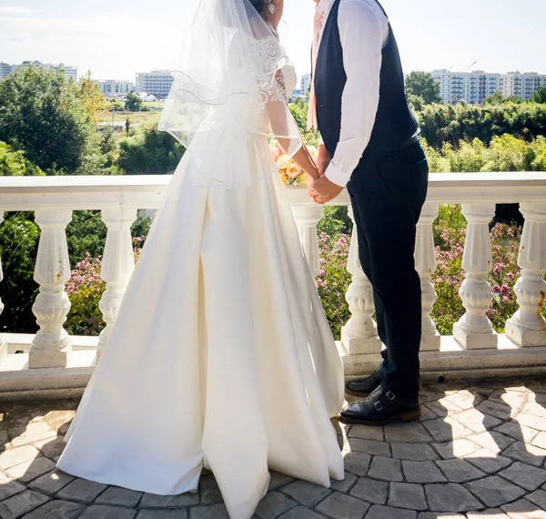 Sposa Felice Sposo Passeggiata Nuziale Parco — Foto Stock