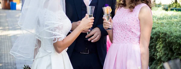 Pasgetrouwden Met Gasten Drinken Champagne — Stockfoto