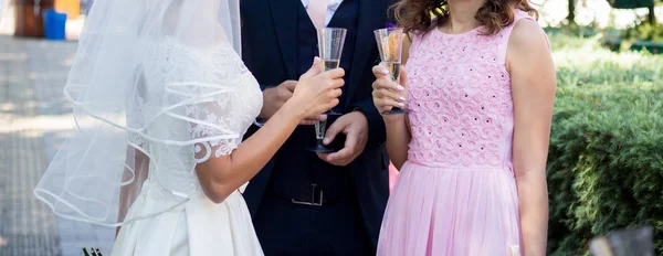 Pasgetrouwden Met Gasten Drinken Champagne — Stockfoto