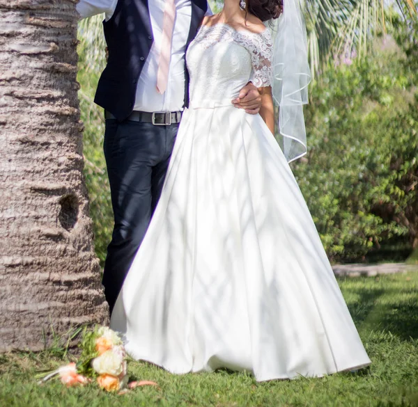 Novia Feliz Novio Paseo Boda Parque — Foto de Stock