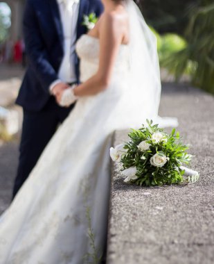 mutlu gelin ve damadın düğünde Parkta yürümek