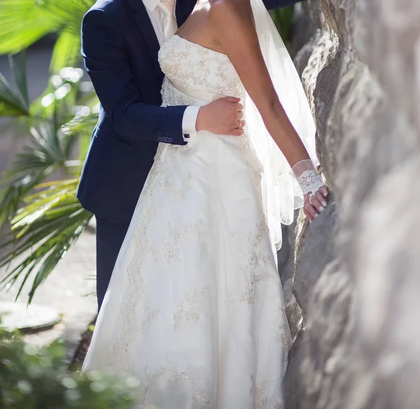 Sposa Felice Sposo Passeggiata Nuziale Parco — Foto Stock