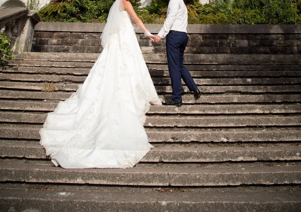 幸せな結婚式で新郎新婦公園の中を歩く — ストック写真