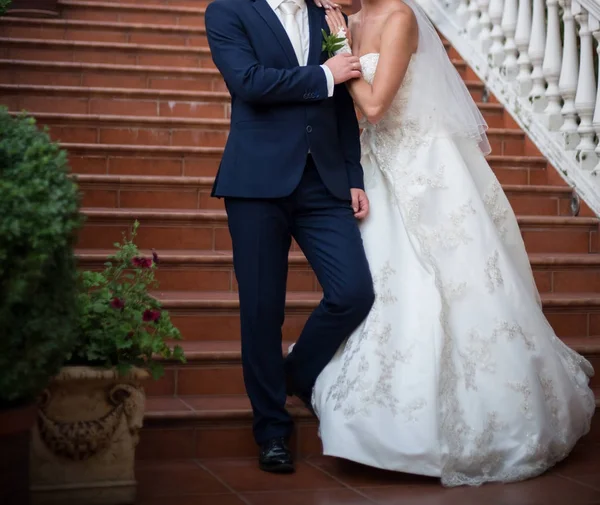 Lyckliga Bruden Och Brudgummen Bröllop Promenad Park — Stockfoto